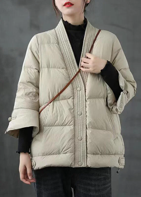Goddess Style Beige  V Neck Button Thick fashion Winter Duck Down Jackets