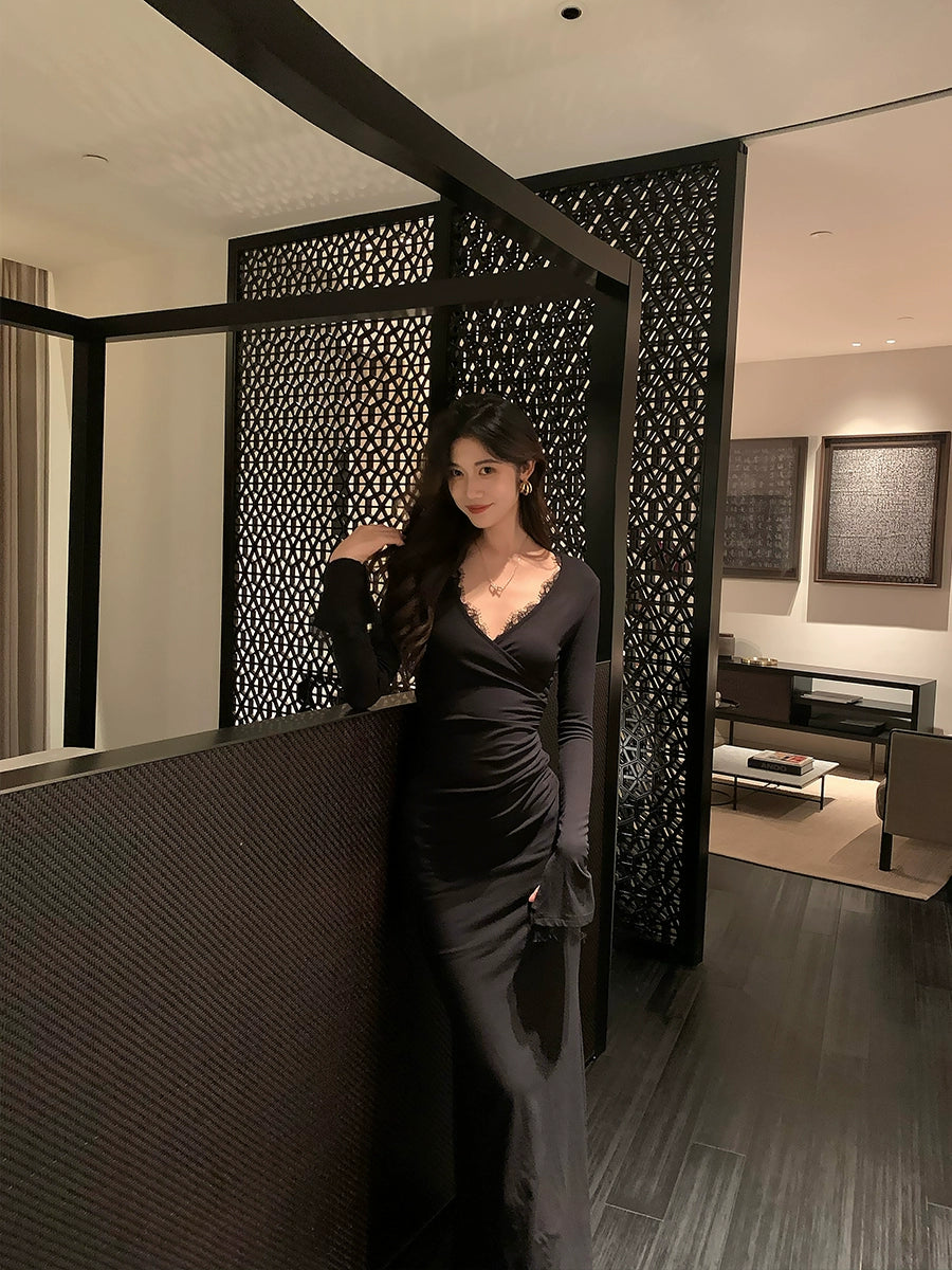 Goddess Style lace long-sleeved mermaid dress women's party dress     S5722
