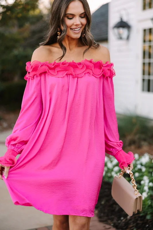 Embroidered Letters Can You Believe It Hot Pink Ruffled Dress