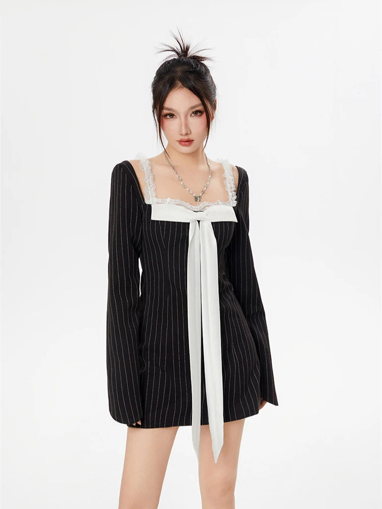 Elegant Design Striped Lace Strap Bow Mini Dress