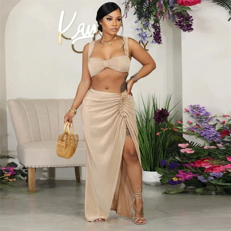 Integrated Design Micro Crop Top & High Split Long Skirt Sets