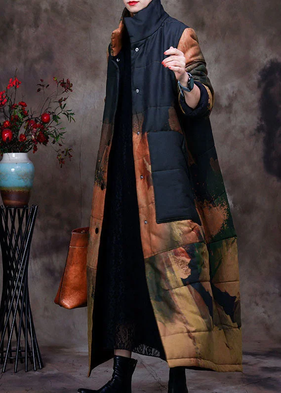 British Style Boho Black Stand Collar Print Woolen Parka Winter