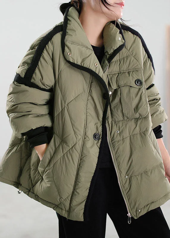 Tropical Style Women Green Patchwork Pockets Duck Down Winter