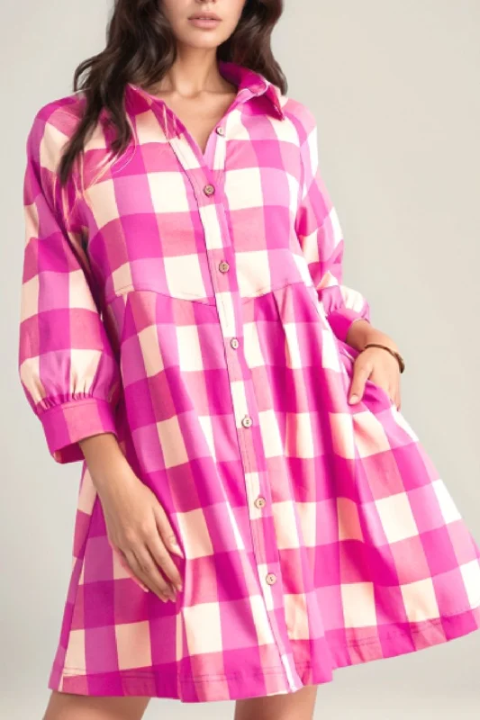 High Street Style Ruched Plaid Three-Quarter Sleeve Shirt Dress