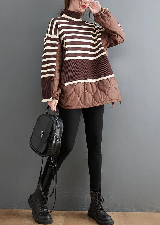 Personalized Design Chocolate Striped Knit Patchwork Fine Cotton Filled drawstring Winter sweaters Coat Personalized Design Chocolate Striped Knit Patchwork Fine Cotton Filled drawstring Winter sweaters Coat