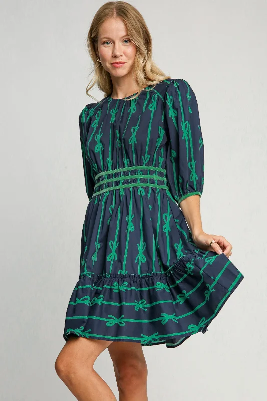 Urban Style Ribbon Print Frill Contrast Velvet Trim Half Sleeve Dress