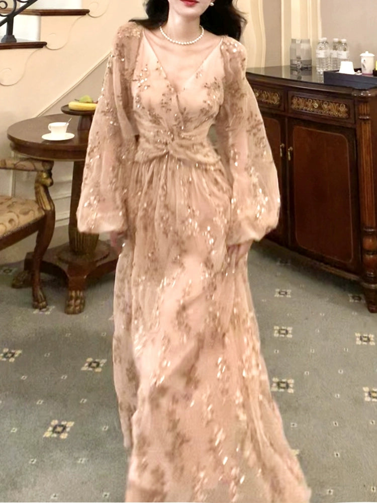 Youthful Vitality luxury V-neck sequined dress design puff sleeve long party dress S6060 Youthful Vitality luxury V-neck sequined dress design puff sleeve long party dress S6060