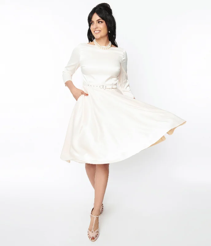 Noble And Elegant Unique Vintage 1950s Ivory Satin Devon Swing Dress