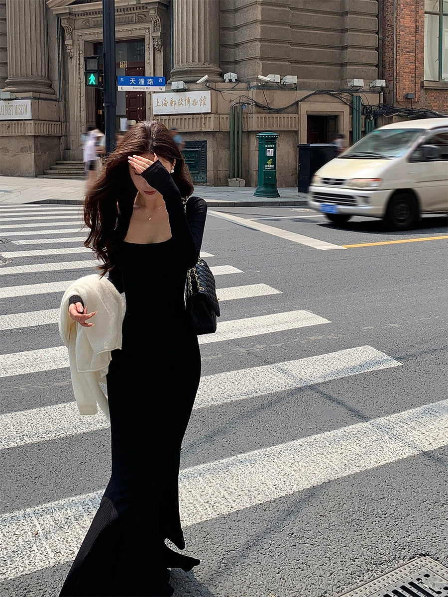 High Street Fashion Long sleeve mermaid dress for women French style long dress party dress     S5715