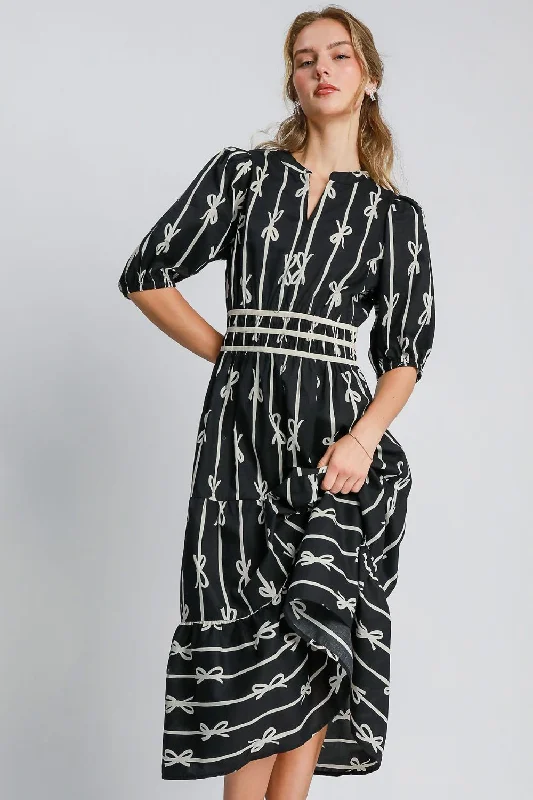 Personalized Clothing Bow Tie Print Notched Contrast Velvet Trim Midi Dress
