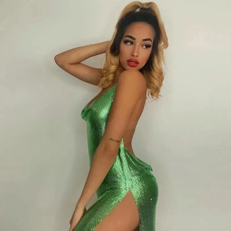 Must-have For Fashion Metallic Backless High Side Split Mini Dresses