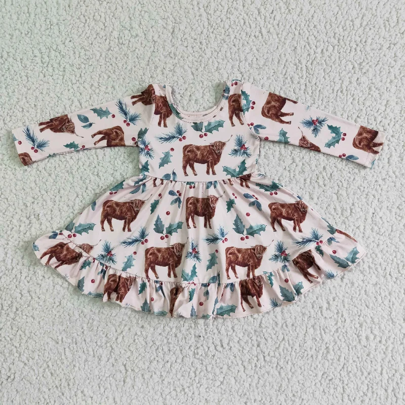 Personalized Clothing GLD0005 girl long sleeve o-neck twirl dress with highland cows and leaves pattern Personalized Clothing GLD0005 girl long sleeve o-neck twirl dress with highland cows and leaves pattern