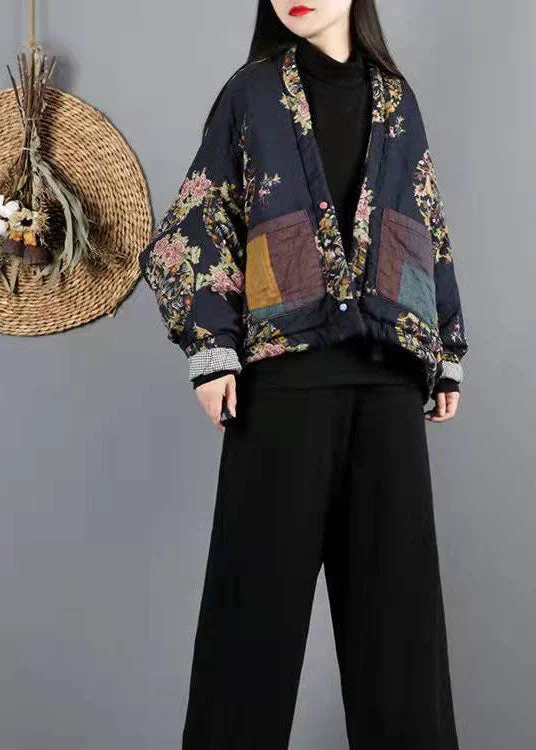 Comfortable And Casual Navy Pockets Print Fine Cotton Filled Winter Coat