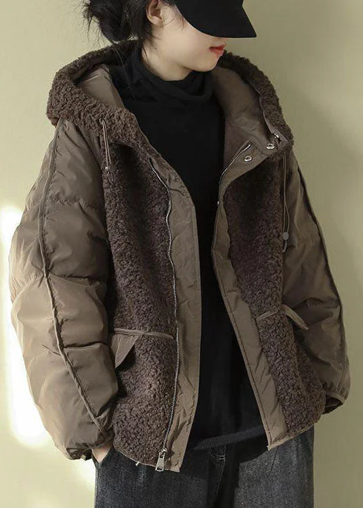 Fashionable Items Italian Chocolate Hooded Patchwork Faux Fur Winter outwear
