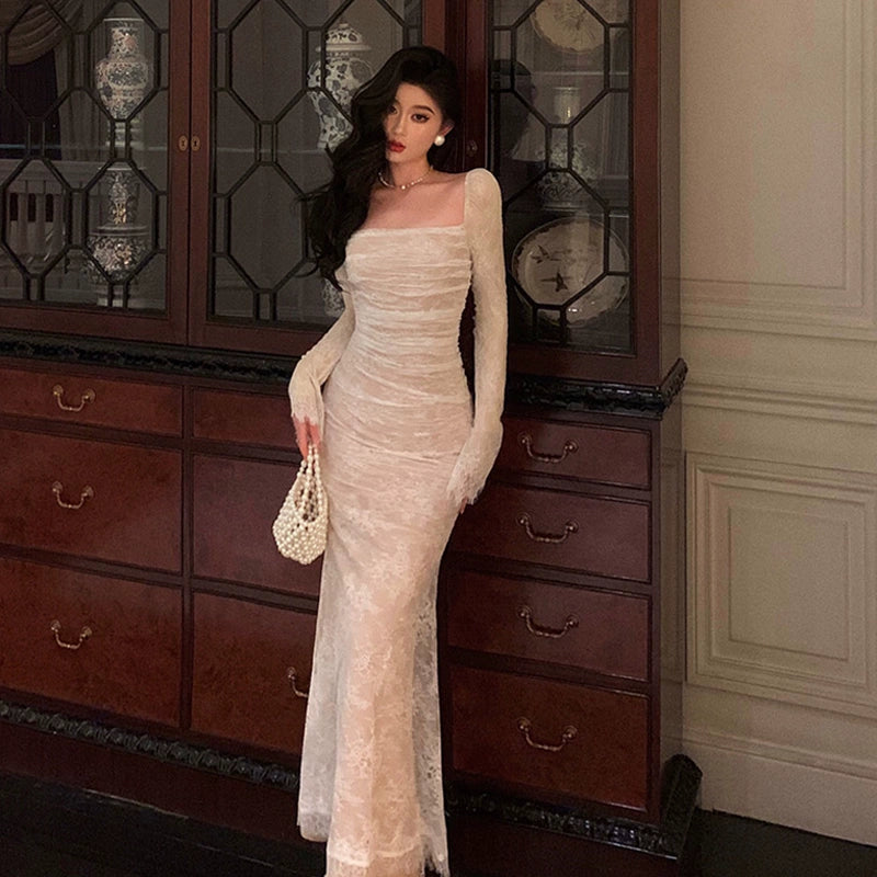 Celebrity Style Lace sexy dress for women new style square neck long dress     S5655