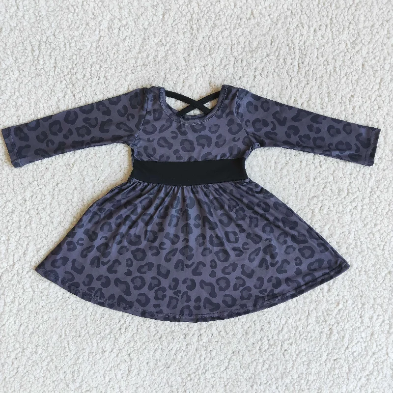 Classic Style girl long sleeve leopard print frock with black belt