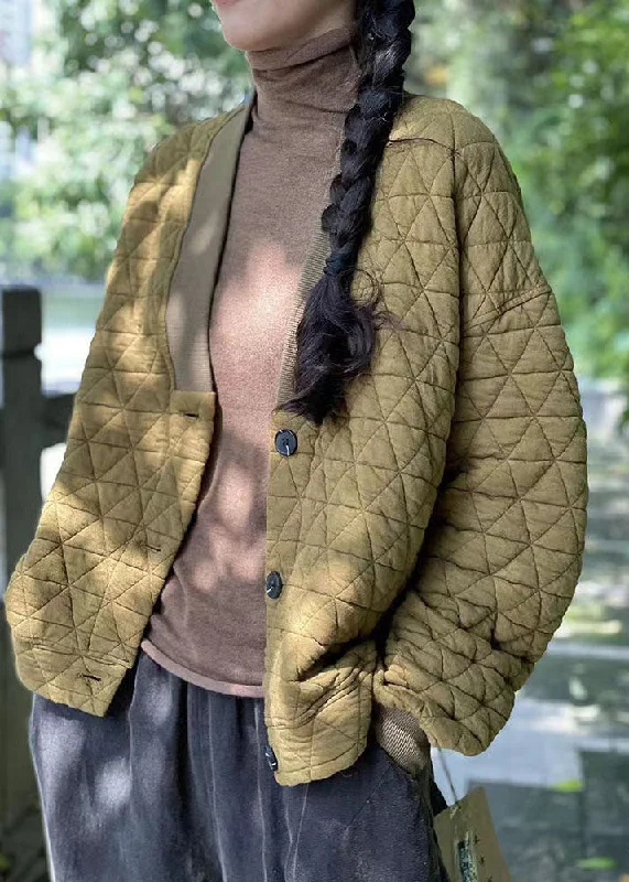 Elegant Design Style Yellow V Neck Fine Cotton Filled Loose Sweatshirts Top Winter