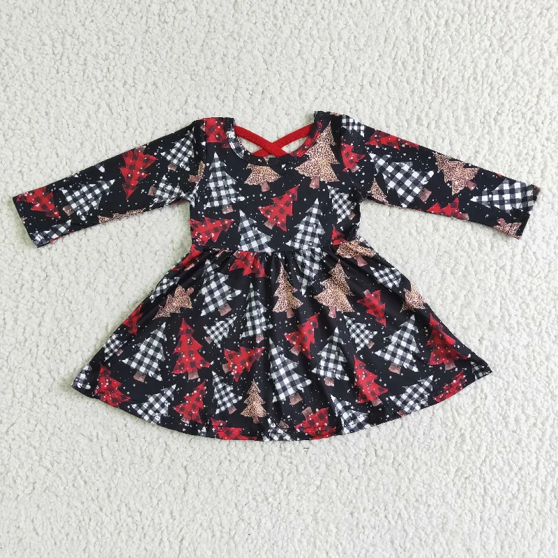 British Fashion children girl long sleeve christmas trees twirl dress