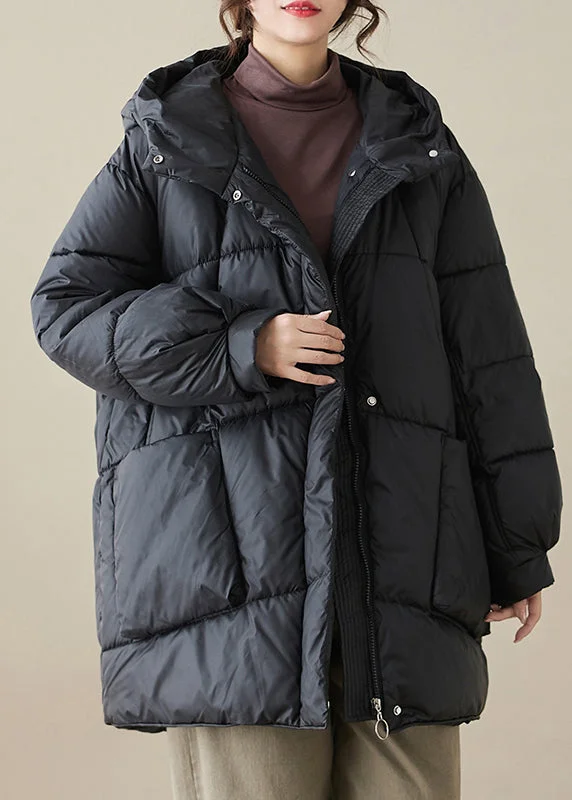 Personalized Design Plus Size Black Hooded Pockets Fine Cotton Filled Womens Parka Winter