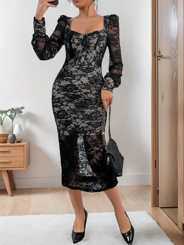 Noble And Elegant Lace Sweetheart Neck Long Sleeve Midi Dress