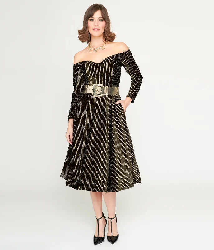 Age-reducing Style Collectif Black & Gold Glitter Striped Anjelica Swing Dress