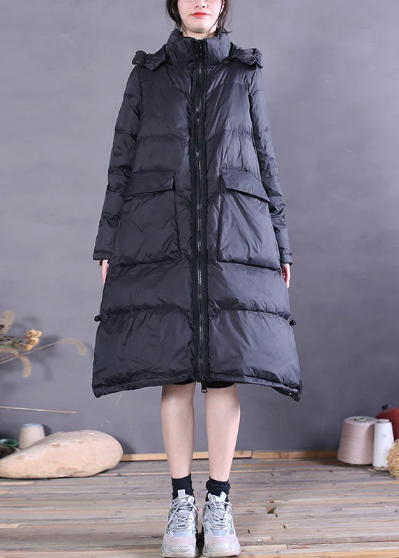 Autumn Selection Organic Black Hooded Pockets Duck Down Down Coats Winter