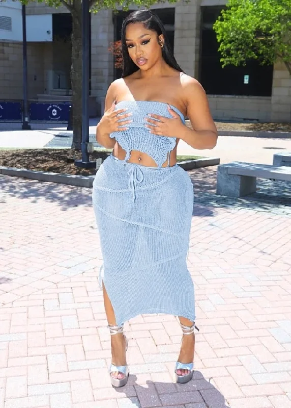 Versatile Items Ribbon Knitted Backless Crops & Long Skirts Sets