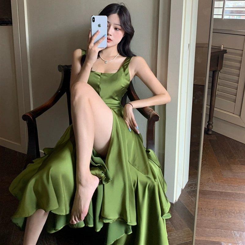 Sports And Leisure Long design beach seaside vacation ruffled backless green suspender dress S5781 Sports And Leisure Long design beach seaside vacation ruffled backless green suspender dress S5781