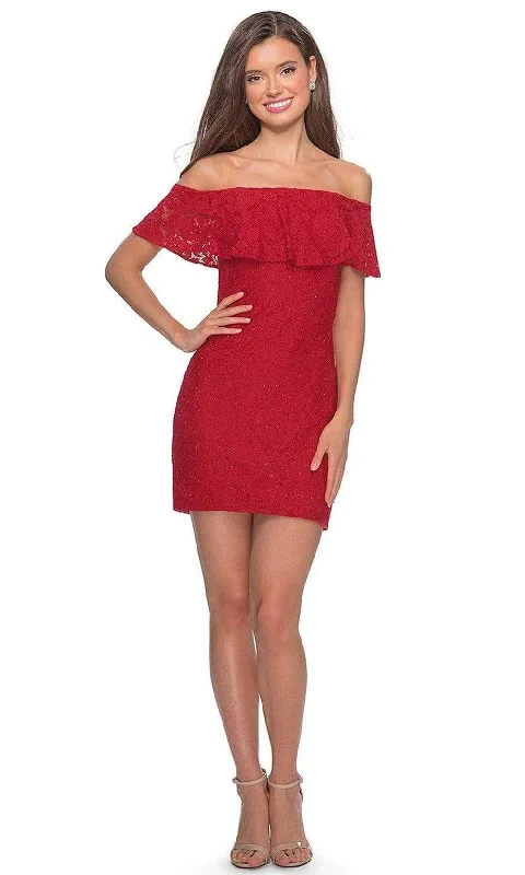 Age-reducing Style La Femme - Draped Lace Off Shoulder Short Dress 28147SC