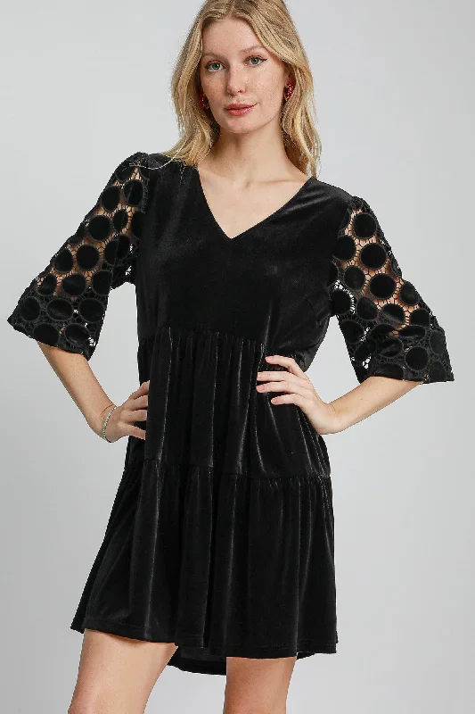 Perfect Tailoring Dotted Lace Sleeve Tiered Velvet Mini Dress