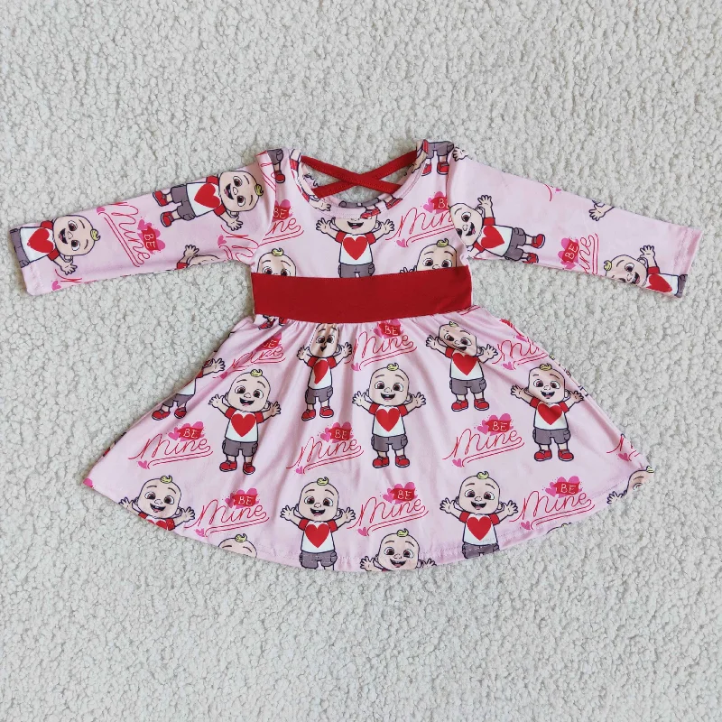Urban Style girl long sleeve frock red belt kids valentine's day twirl dress