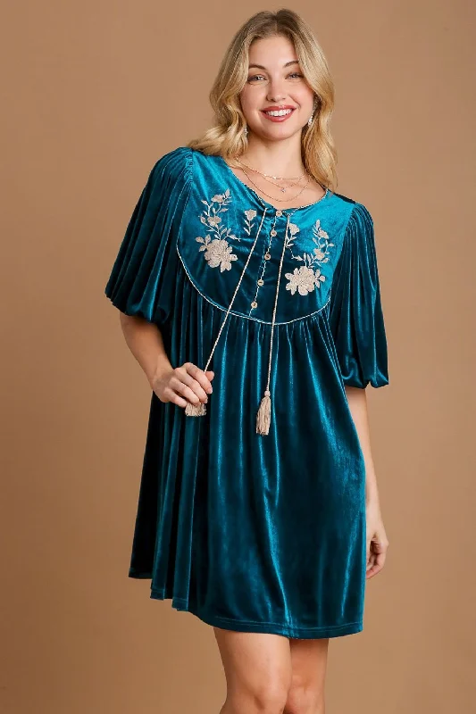 Comfortable Mind Embroidered Half Sleeve Velvet Mini Dress with Tassel