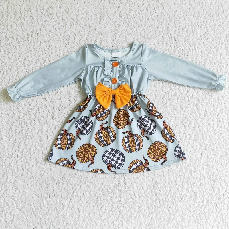 Sports Trend GLD0007 girl long sleeve stitching frock kids leopard pumpkin pattern twirl dress with bow Sports Trend GLD0007 girl long sleeve stitching frock kids leopard pumpkin pattern twirl dress with bow