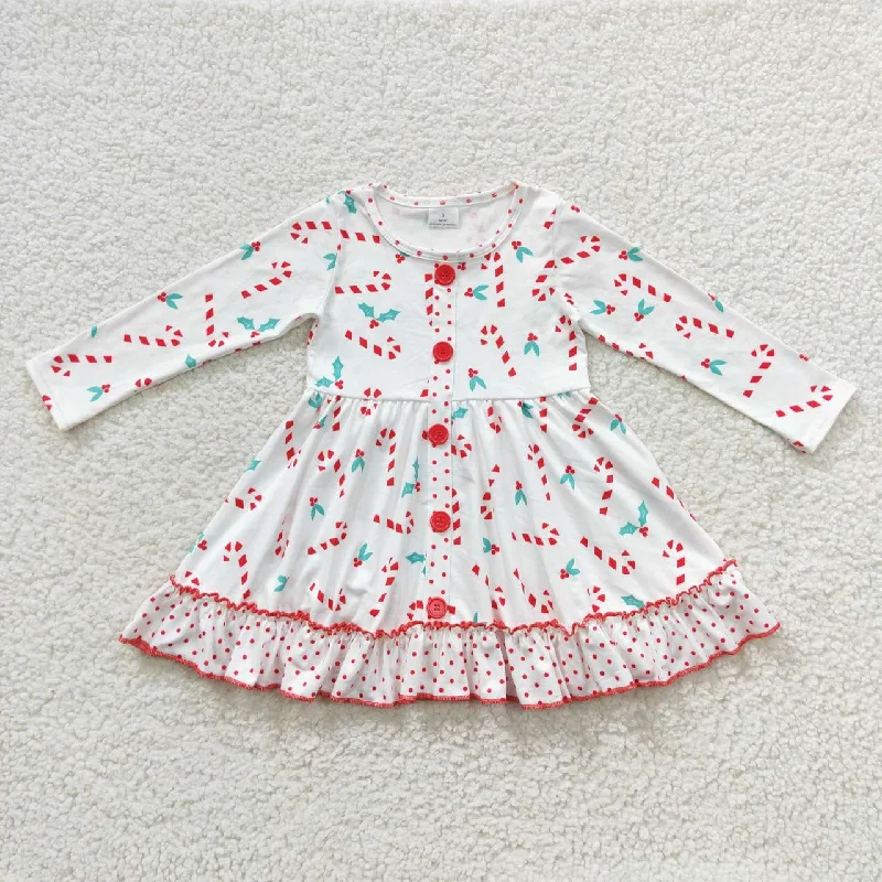 Cute Design Girls christmas white candy button long sleeve dress GLD0268
