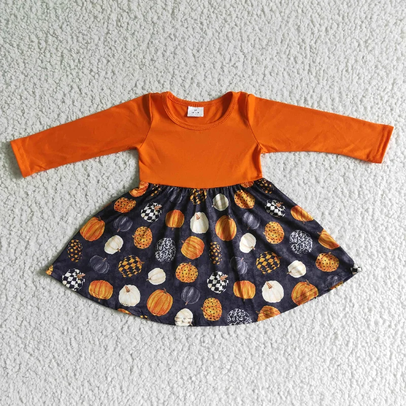 Personalized Design girl orange long sleeve pumpkin stitching frock halloween o-neck twirl dress Personalized Design girl orange long sleeve pumpkin stitching frock halloween o-neck twirl dress