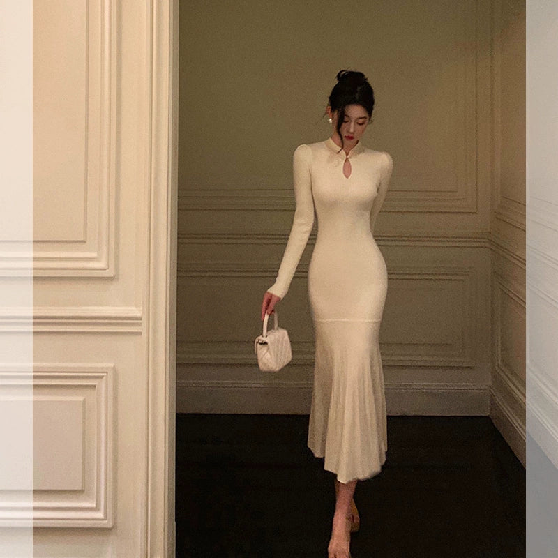 Exquisite Tailoring Knitted dress women new gentle style mermaid long party dress     S5595