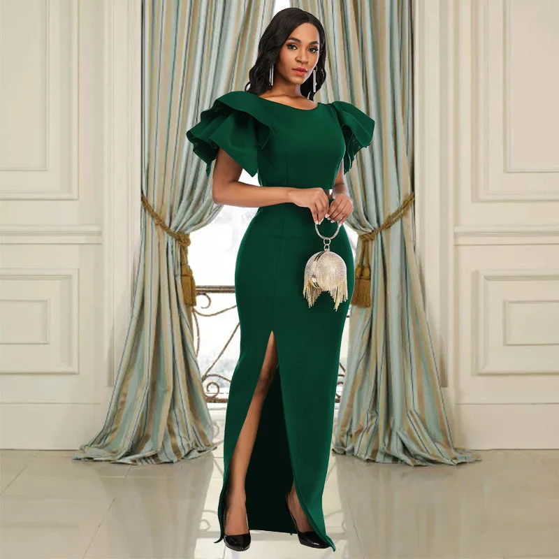 French Style Sexy Ruffled Short Sleeves Women Green Evening Party Dresses