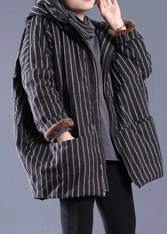 Fashionable Prints Fashion Black Hooded Striped Fine Cotton Filled Puffer Jacket Winter Fashionable Prints Fashion Black Hooded Striped Fine Cotton Filled Puffer Jacket Winter