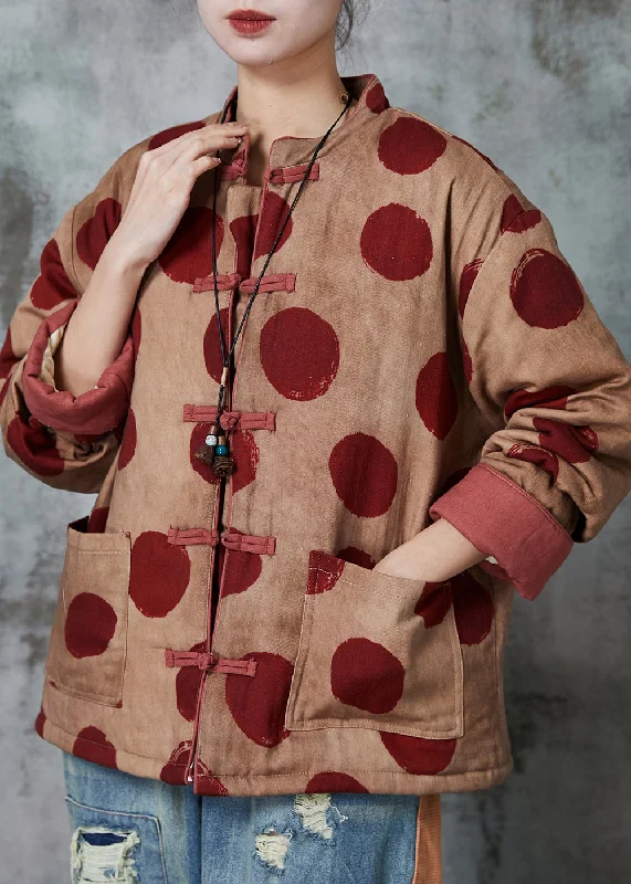 European Plan Women Orange Print Chinese Button Fine Cotton Filled Coat Winter