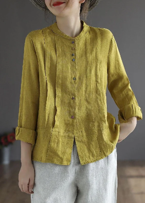 Practical Style Women Yellow Elegant Button Fall Top Long Sleeve Linen