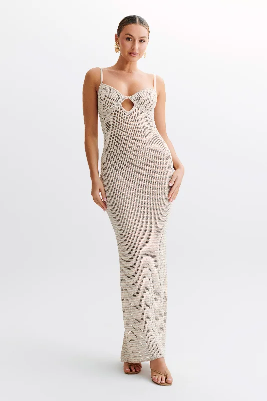 Fashion Selection Jeannie Stripe Cupped Knit Maxi Dress - Tan/White