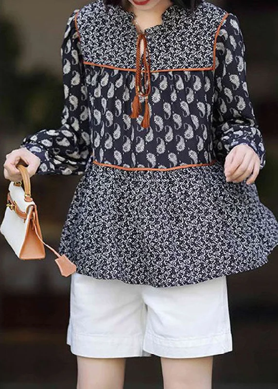 Must-have For Fashion Women Black O Neck Print Patchwork Chiffon Blouses Spring