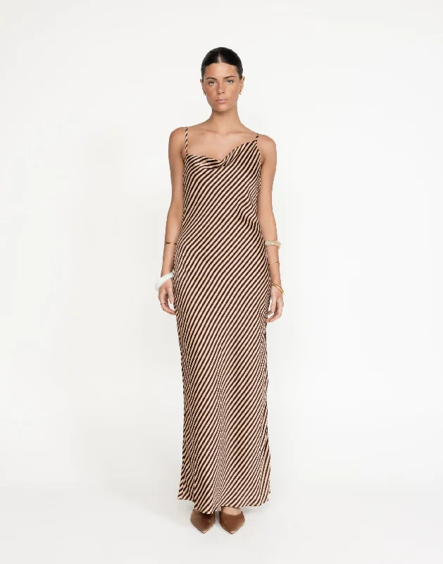 Exquisite Embroidery Nigella Maxi Dress (Caramel Pinstripe)