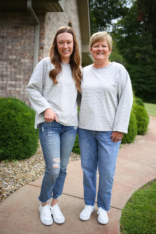 Spring Fashion Grey and Off White Stripe Long Sleeve Top | Boutique Elise | Nina