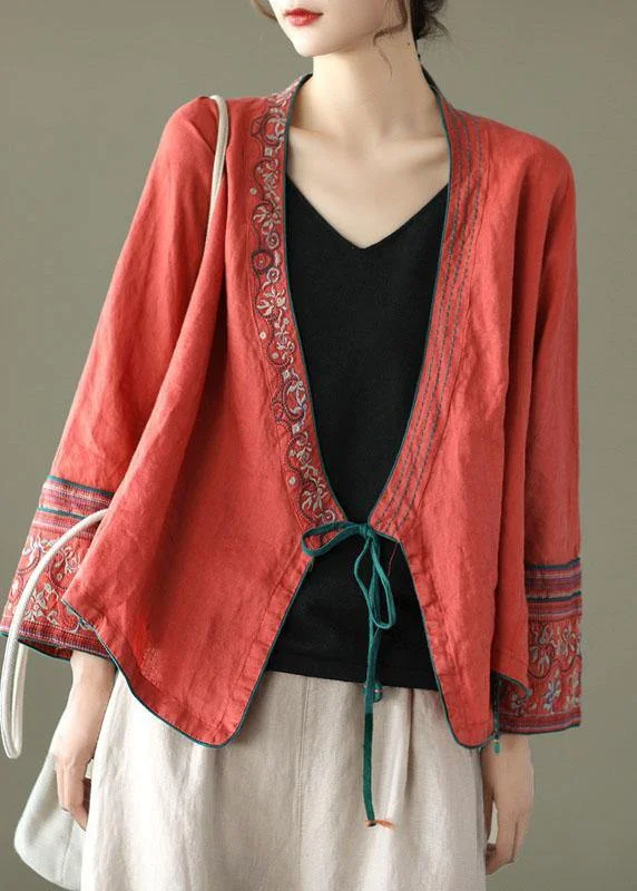 Luxury Style Women Red Embroideried Long sleeve Linen Shirt