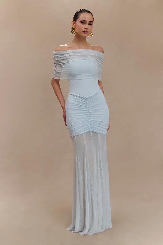 Personalized Design Caspian Slinky And Mesh Off Shoulder Maxi Dress - Pale Blue