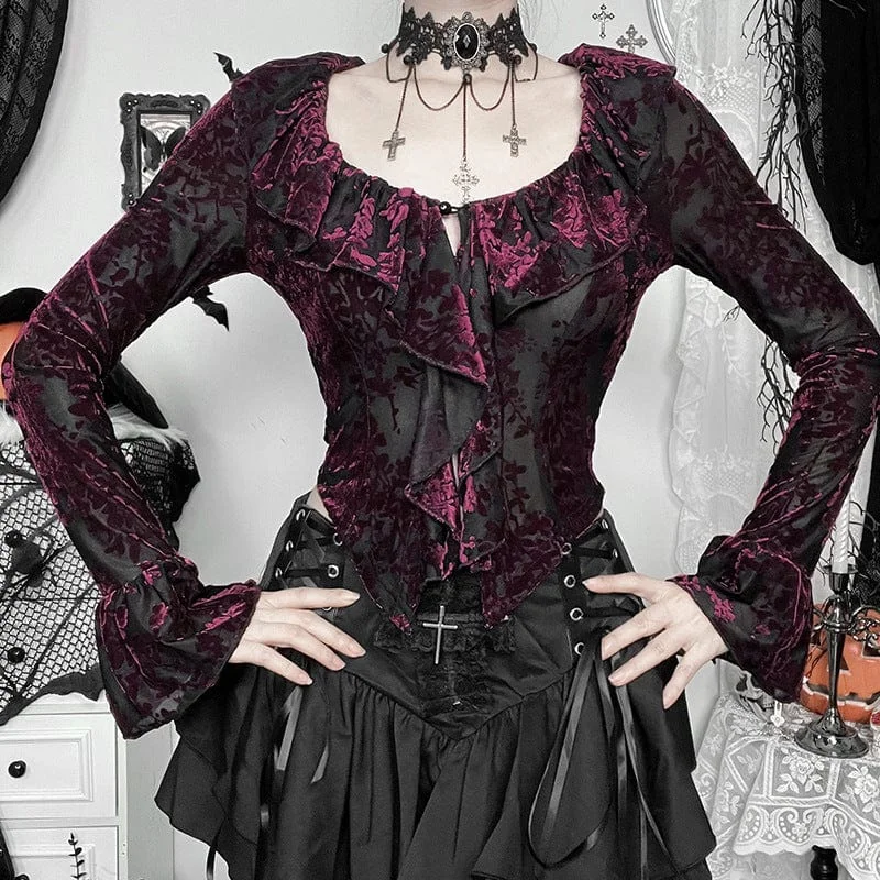 Lazy Home Women's Gothic Floral Mesh Long Sleeved Shirt Black Red