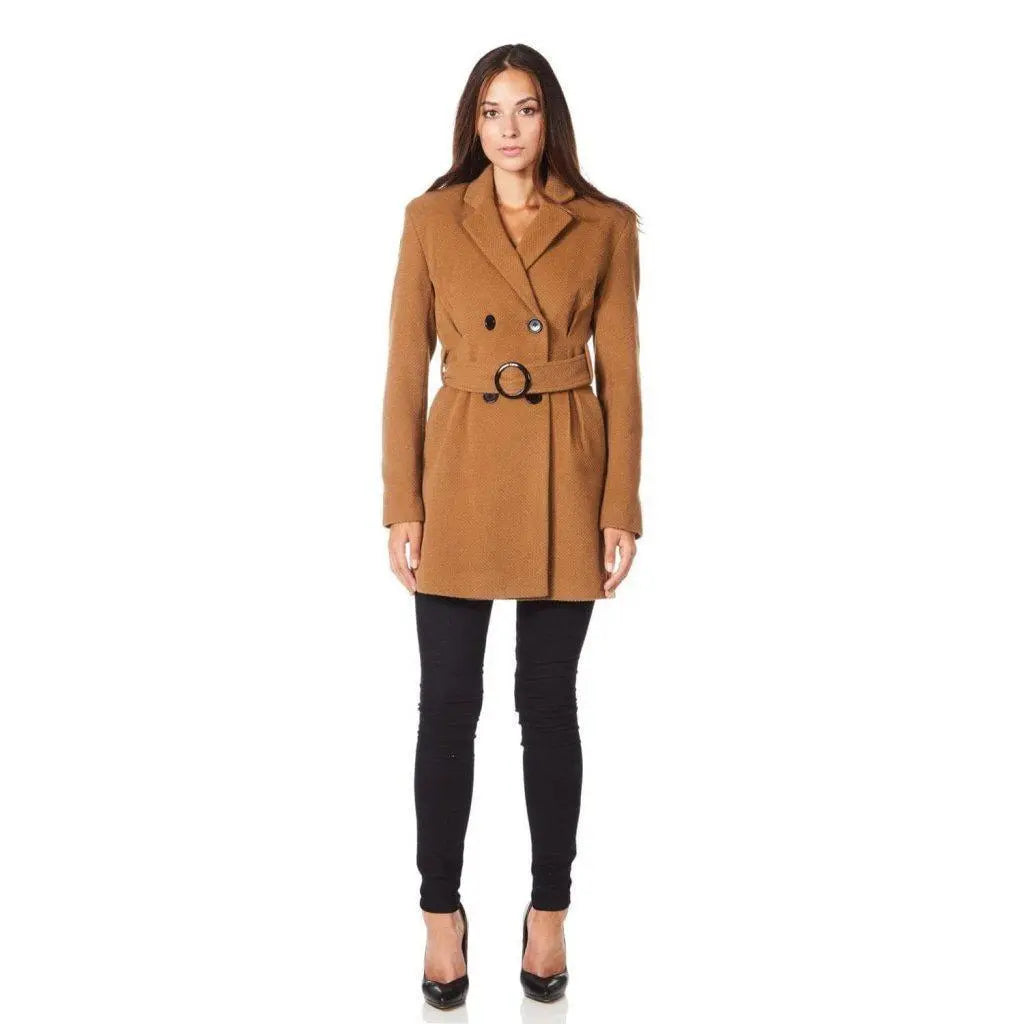 Elegant And Charming De La Creme - Womens Camel Textured Short Belted Coat