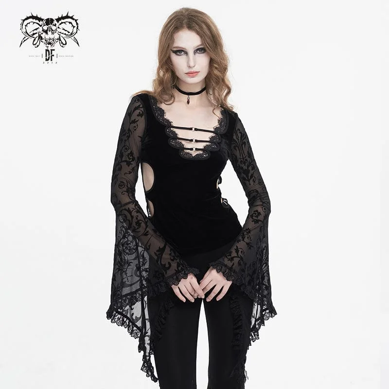 Tropical Style Women's Punk Plunging Flared Sleeved Mesh Splice Shirt