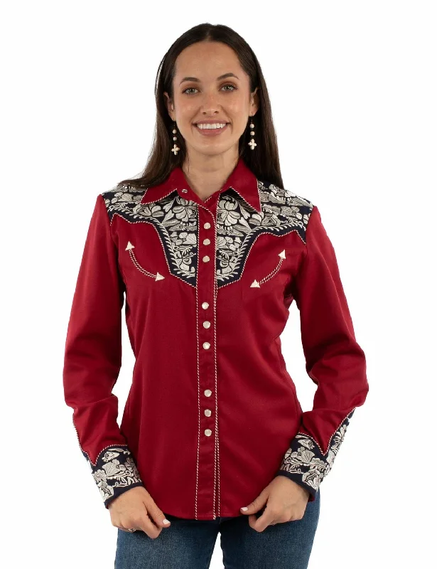 Sports And Leisure Scully Womens Floral Yoke Embroidery Red/White/Blue Poly/Rayon L/S Shirt Sports And Leisure Scully Womens Floral Yoke Embroidery Red/White/Blue Poly/Rayon L/S Shirt